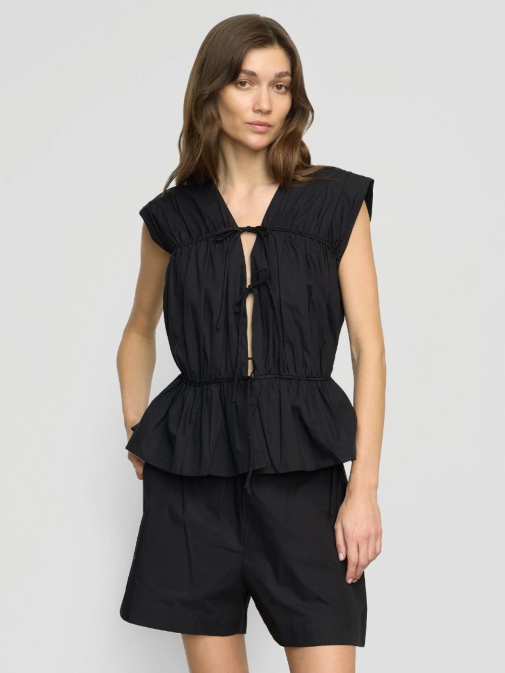 NWOT Modern Citizen Neha Tie-Front Organic Cotton Blouse Black Small